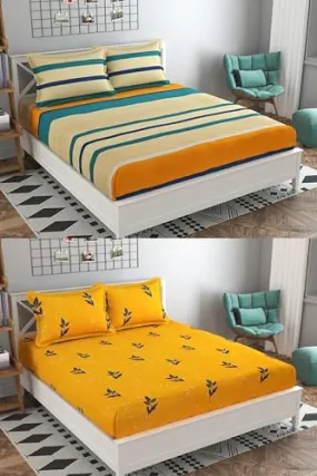 Neekshaa Combo Pack of 2 Super Soft Elastic Fitted Glace Cotton Double Bedsheets with 4 Pillow Covers_Size-72x72 8 inches, Multicolor (Model no.-97)