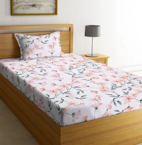 NEW LEAF Glace Cotton 200 TC Flat Single Bedsheets for Summer Breathable | Wrinklefree (Size-60 X 90 Inch) with 1 Pillow Covers (Size-17 X 27 Inches, Flower Off White Green & Pink)