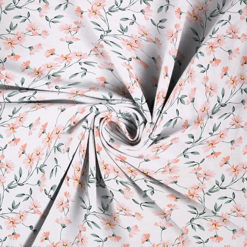 NEW LEAF Glace Cotton 200 TC Flat Single Bedsheets for Summer Breathable | Wrinklefree (Size-60 X 90 Inch) with 1 Pillow Covers (Size-17 X 27 Inches, Flower Off White Green & Pink)