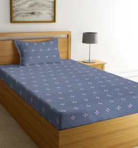 NEW LEAF Glace Cotton 220 TC Flat Single Bedsheets for Summer Breathable | Wrinklefree (Size-60 X 90 Inch) with 1 Pillow Covers (Size-17 X 27 Inches, Floral, Dark Grey Star Print)