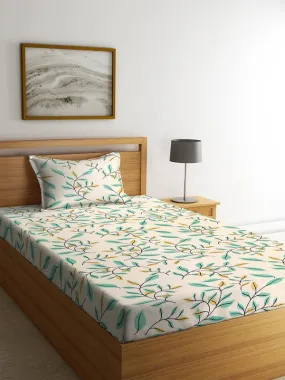 NHD HOME Glace Cotton 200 TC Flat Single Bedsheets for Summer Breathable | Wrinklefree (Size-60 X 90 Inch) with 1 Pillow Covers (Size-17 X 27 Inches, Floral, Beige & Green)