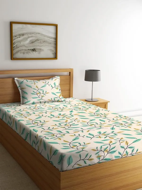 NHD HOME Glace Cotton 200 TC Flat Single Bedsheets for Summer Breathable | Wrinklefree (Size-60 X 90 Inch) with 1 Pillow Covers (Size-17 X 27 Inches, Floral, Beige & Green)