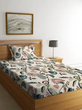 NHD HOME Glace Cotton 200 TC Flat Single Bedsheets for Summer Breathable | Wrinklefree (Size-60 X 90 Inch) with 1 Pillow Covers (Size-17 X 27 Inches, Off White & Green)