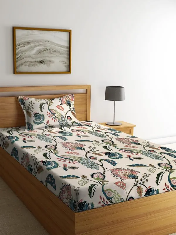 NHD HOME Glace Cotton 200 TC Flat Single Bedsheets for Summer Breathable | Wrinklefree (Size-60 X 90 Inch) with 1 Pillow Covers (Size-17 X 27 Inches, Off White & Green)