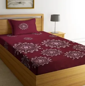NHD HOME Premium Glace Cotton 180 TC Flat Single Bedsheets for Summer Breathable | Wrinklefree (Size-60 X 90 Inch) with 1 Pillow Covers (Size-17 X 27 Inches, Maroon and Golden)