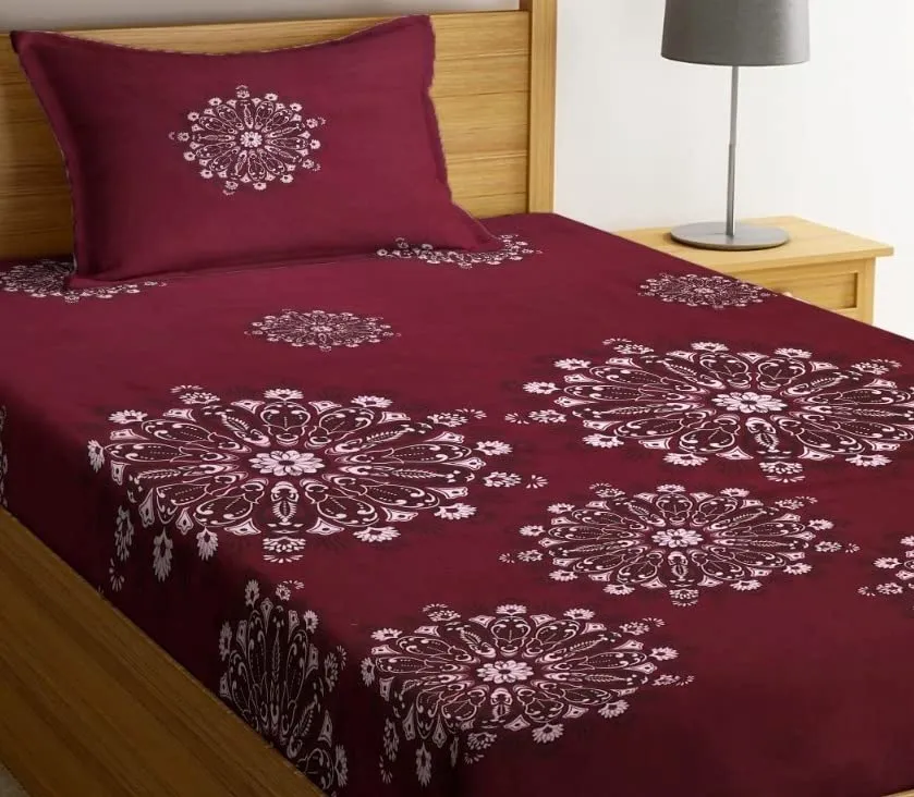 NHD HOME Premium Glace Cotton 180 TC Flat Single Bedsheets for Summer Breathable | Wrinklefree (Size-60 X 90 Inch) with 1 Pillow Covers (Size-17 X 27 Inches, Maroon and Golden)