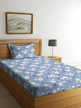 NHD HOME Pure Cotton 200 to 220 tc Flat Single Bedsheets for Summer Breathable | Wrinklefree (Size-60 X 90 Inch) with 1 Pillow Covers (Size-17 X 27 Inches, Floral, Grey White)