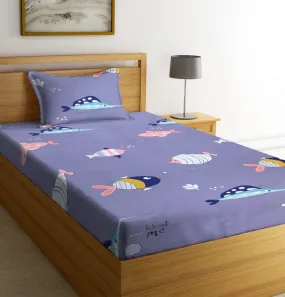 NHD HOME Super Soft Breathable Skin Friendly 180 Tc Animal Design Printed for Kids Room Single Bedsheet with 1 Pillow Cover-(Color- Navy Blue, 152 x 228 cm)