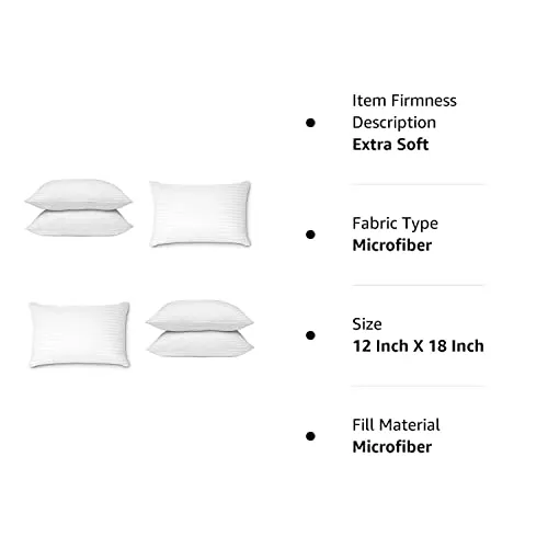 Perfect Sleeper Arika Microfiber Hotel Quality Premium Fibre Soft Cushion, Pillow Filler, 12x18 Inches, White, Set of 6