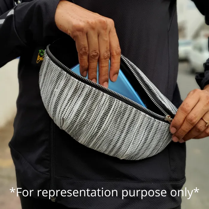 reCharkha X India Hikes - Black Green Bright Yellow Striped Upcycled Handwoven Fanny Pack (FP0724-003) PS_W