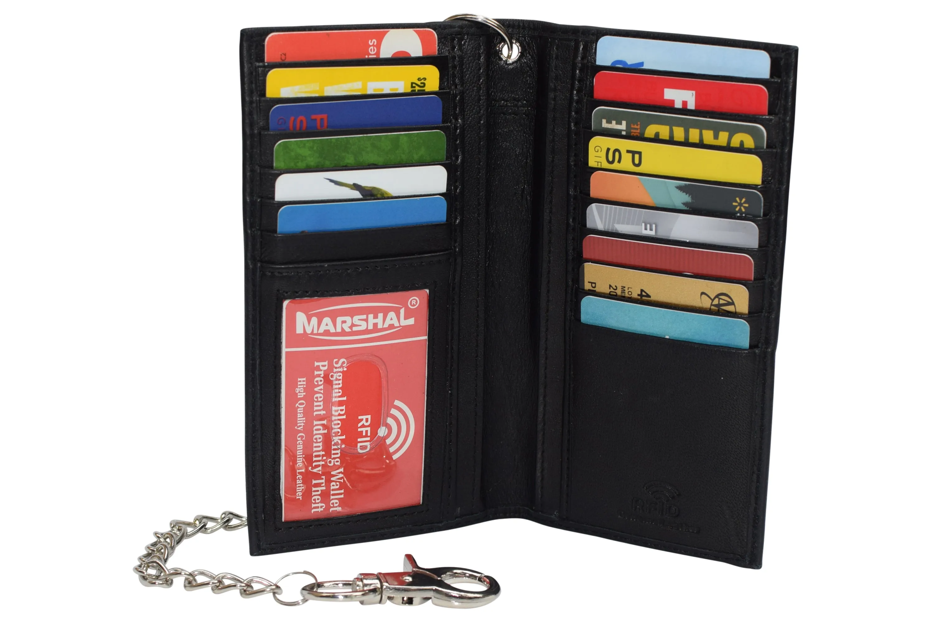 RFID Blocking Chain Wallets for Men Biker Long Bifold Genuine Leather Wallet with Chain