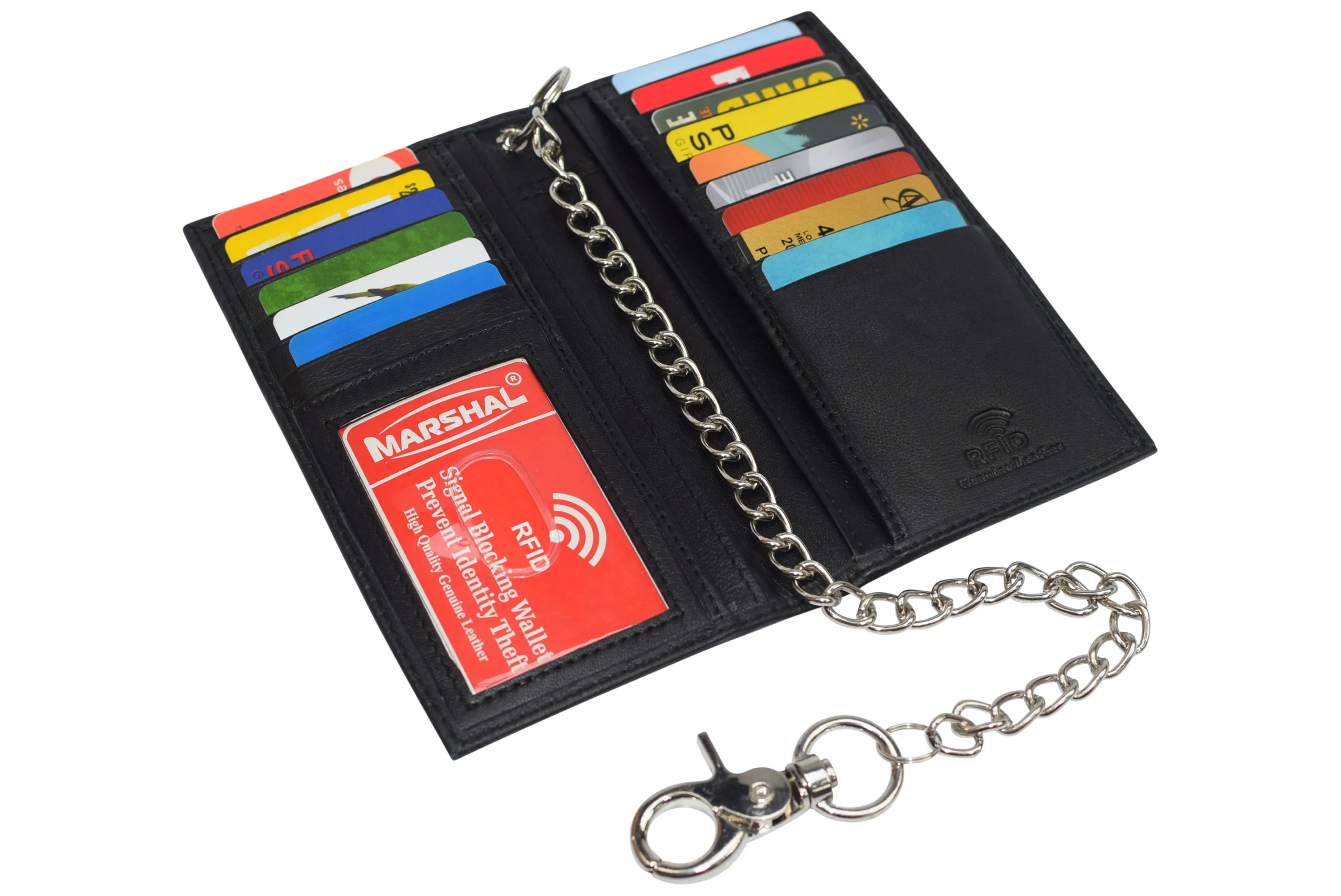 RFID Blocking Chain Wallets for Men Biker Long Bifold Genuine Leather Wallet with Chain