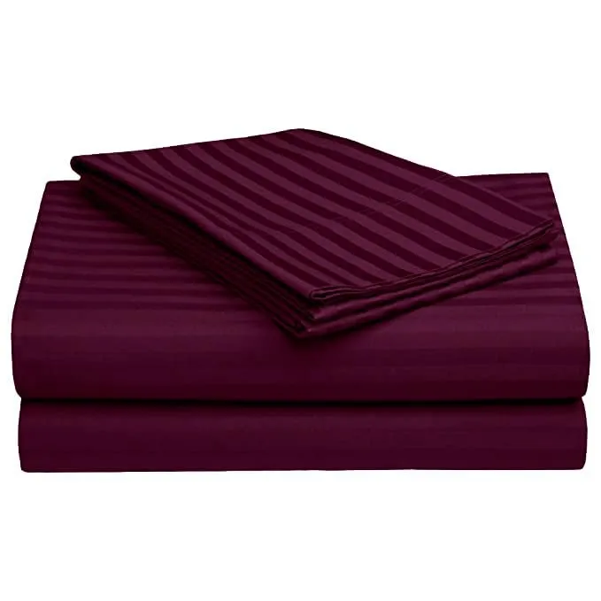 Roman Glace Cotton Cotton Striped/Lining, Solid Plain Color, Bedsheet with Two Pillow Covers for Double Bed Queen Size, Wine
