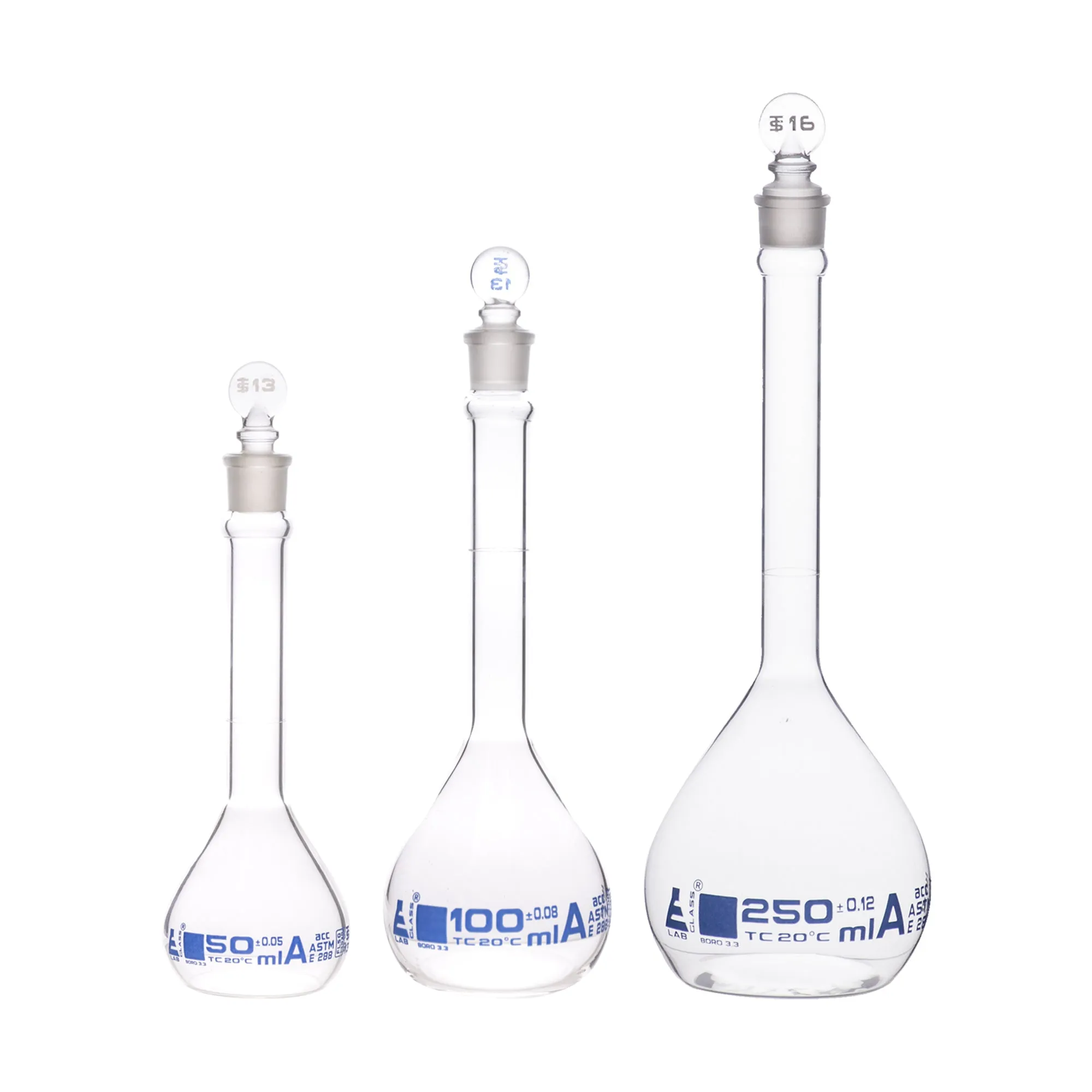 Safety Pack Volumetric Flask Set - 50ml, 100ml & 250ml - Class A, ASTM -Borosilicate 3.3 Glass