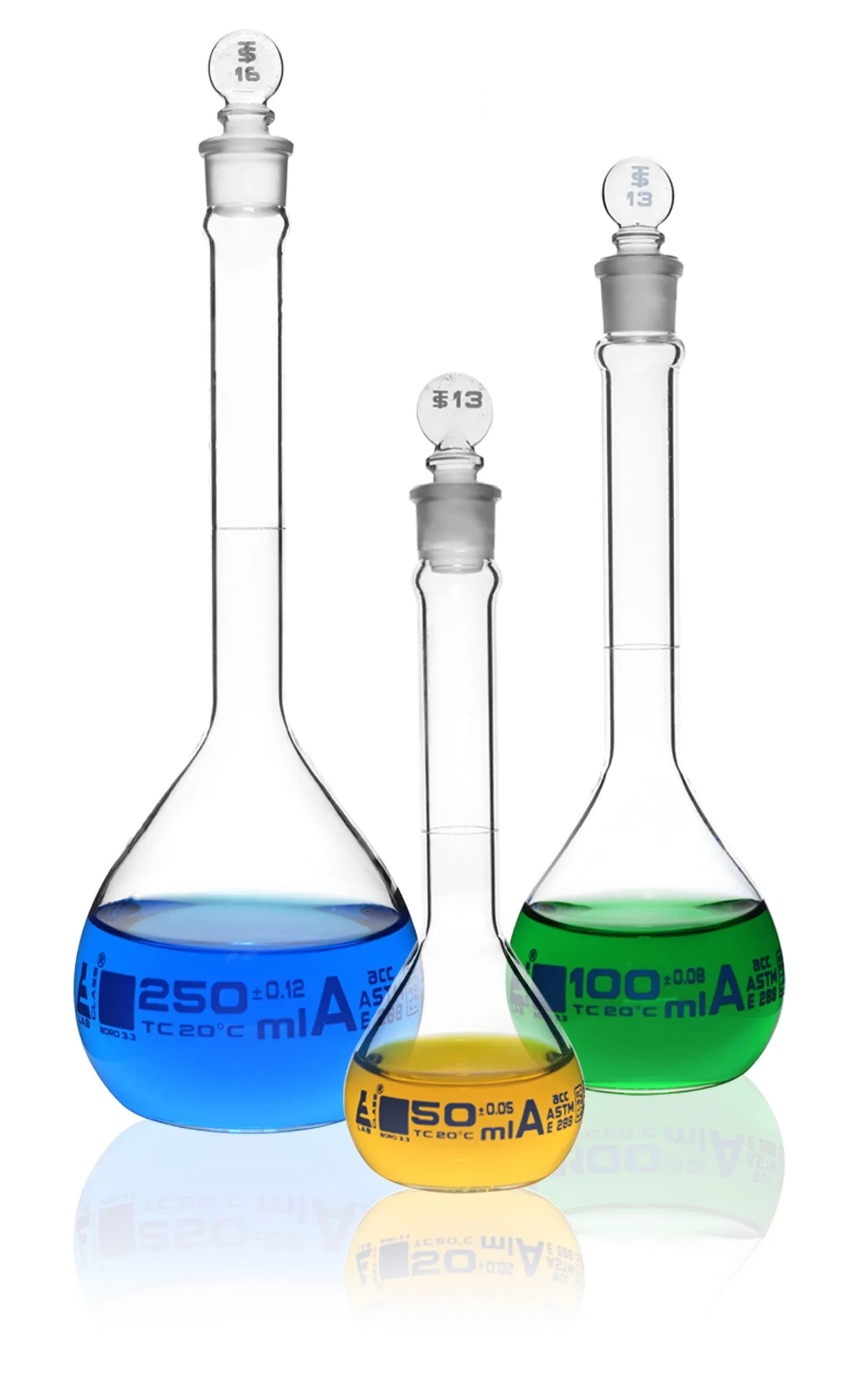 Safety Pack Volumetric Flask Set - 50ml, 100ml & 250ml - Class A, ASTM -Borosilicate 3.3 Glass