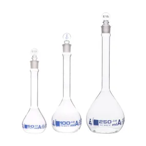 Safety Pack Volumetric Flask Set - 50ml, 100ml & 250ml - Class A, ASTM -Borosilicate 3.3 Glass