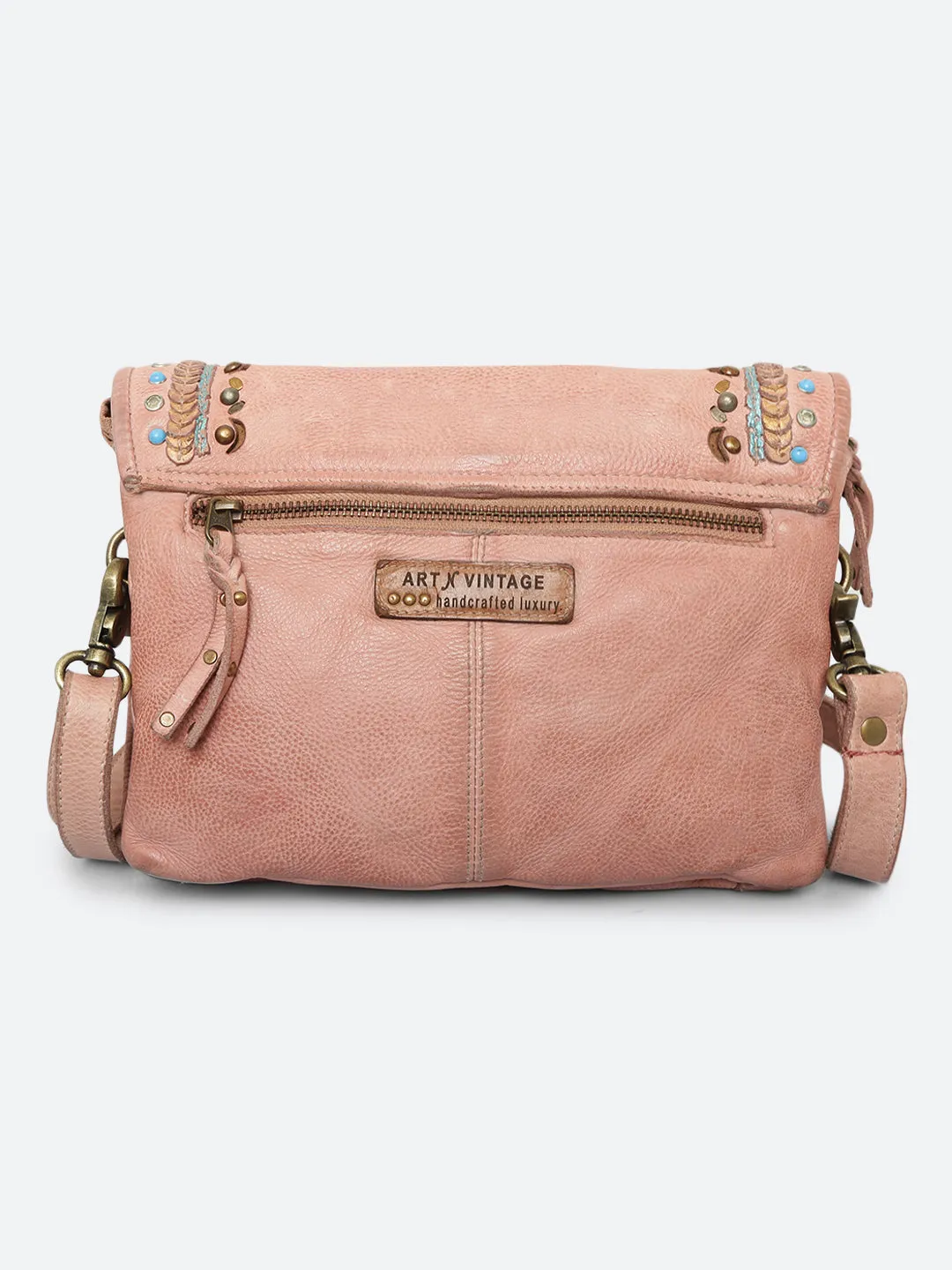 Savio: Embellished Blush Crossbody Flap Bag In Veg Tan Leather