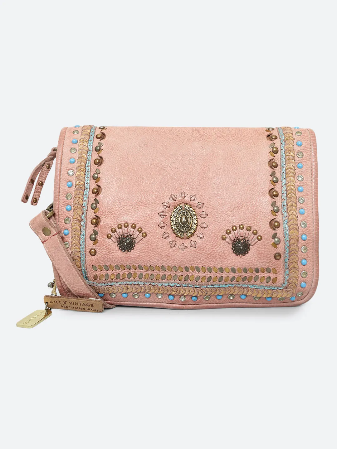 Savio: Embellished Blush Crossbody Flap Bag In Veg Tan Leather