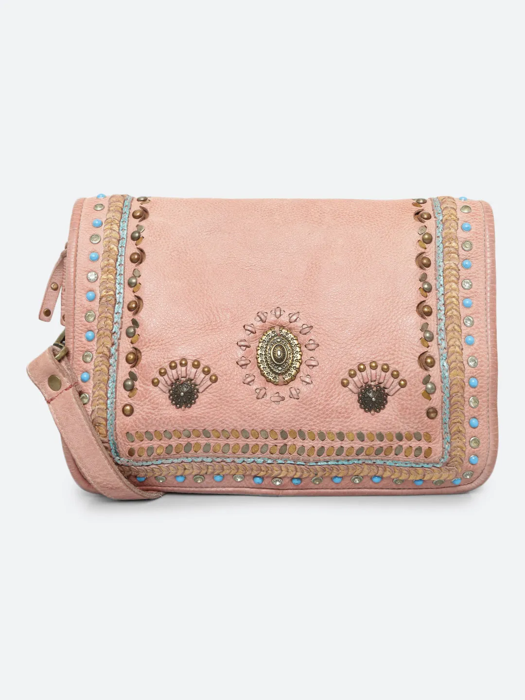 Savio: Embellished Blush Crossbody Flap Bag In Veg Tan Leather