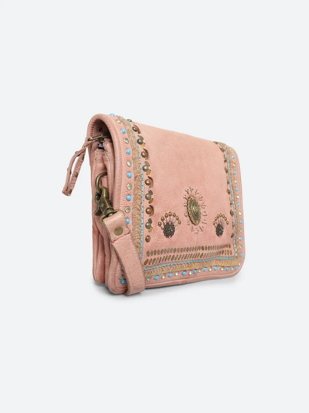 Savio: Embellished Blush Crossbody Flap Bag In Veg Tan Leather