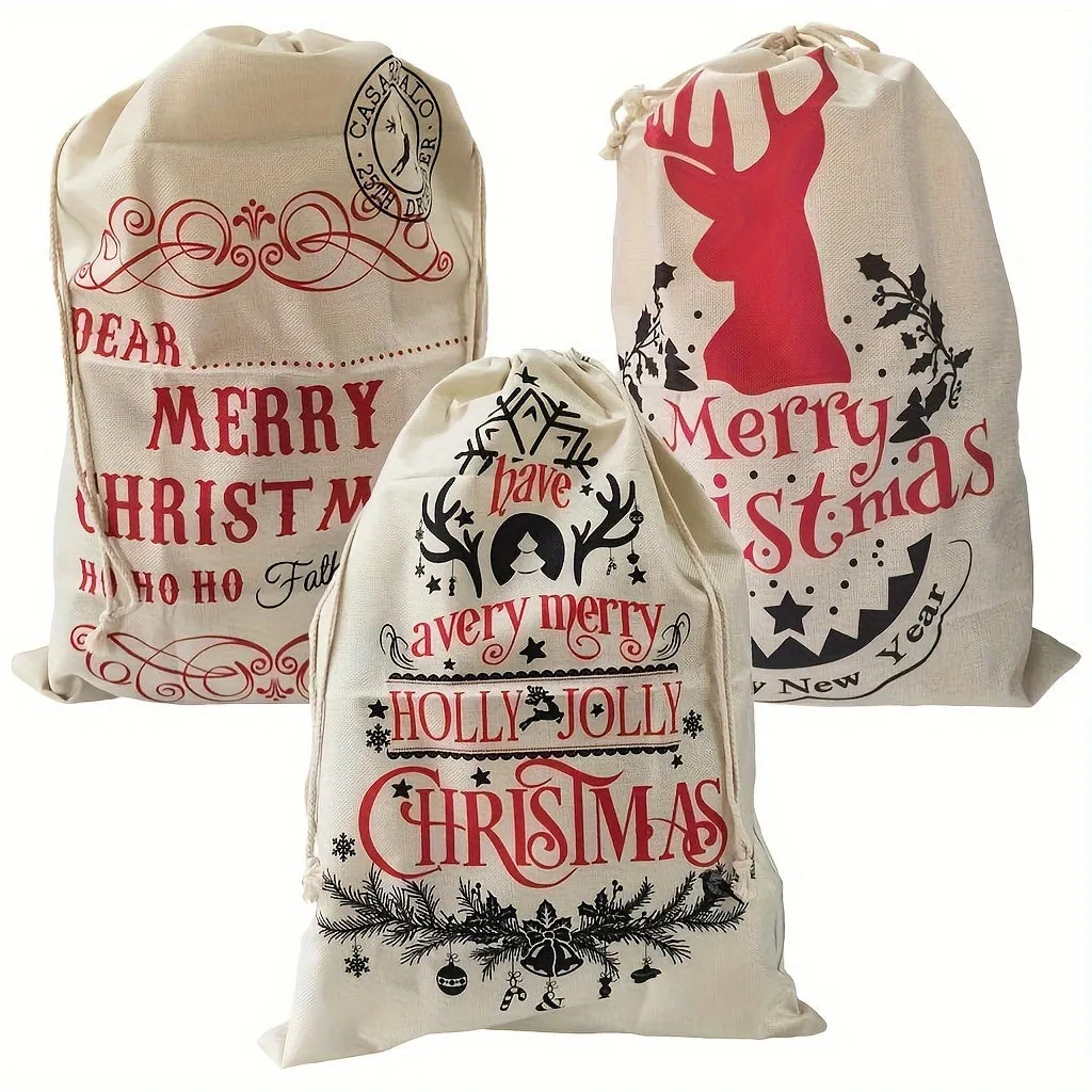 Set of 1-3 Large GKanMore Christmas Stocking Bags, 26x19 Inches, Linen Gift Drawstring Pouches with Jute Rope, Festive Holiday Storage for Candy and Presents