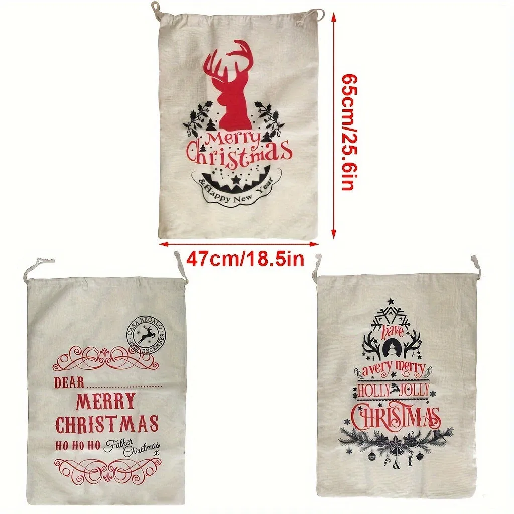 Set of 1-3 Large GKanMore Christmas Stocking Bags, 26x19 Inches, Linen Gift Drawstring Pouches with Jute Rope, Festive Holiday Storage for Candy and Presents