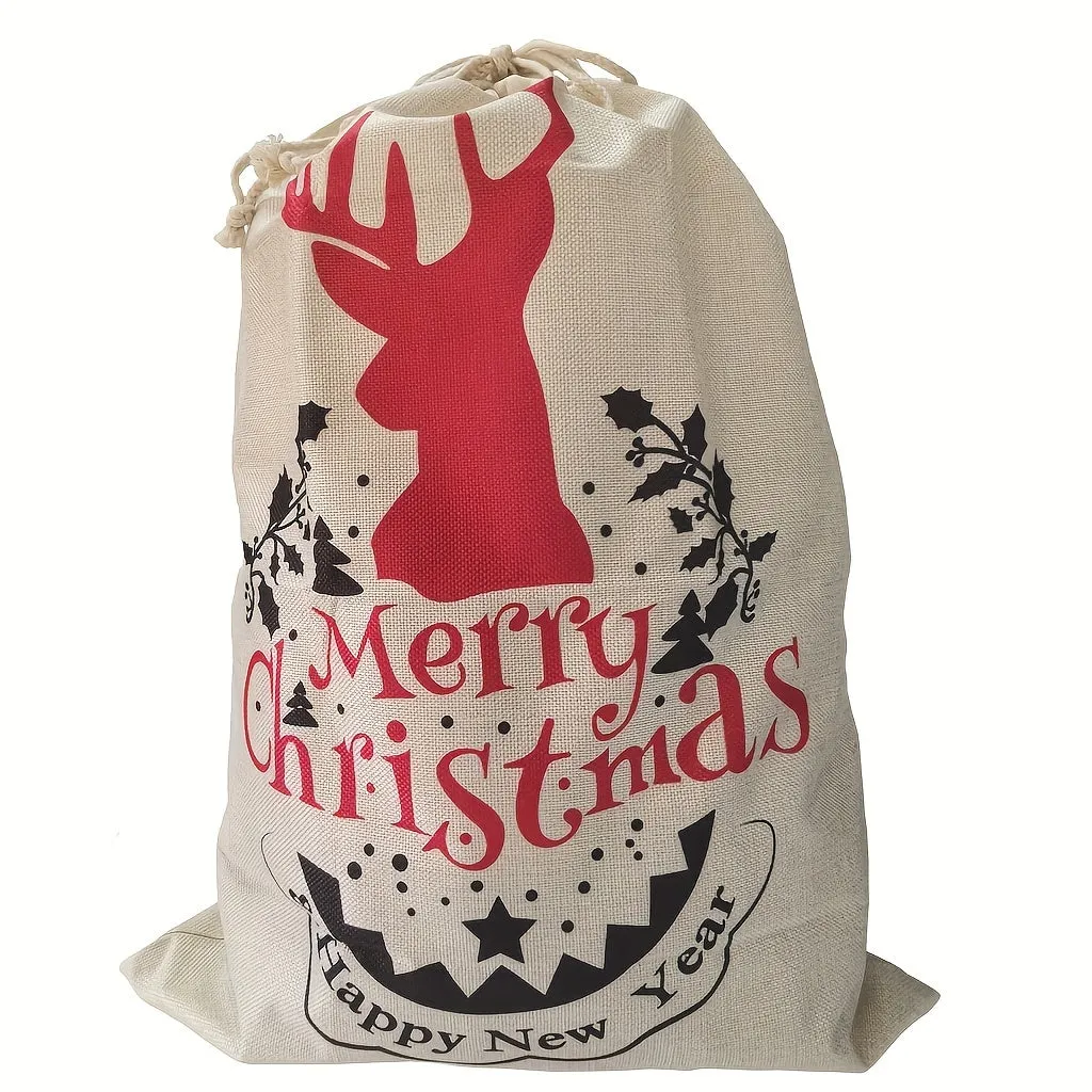 Set of 1-3 Large GKanMore Christmas Stocking Bags, 26x19 Inches, Linen Gift Drawstring Pouches with Jute Rope, Festive Holiday Storage for Candy and Presents