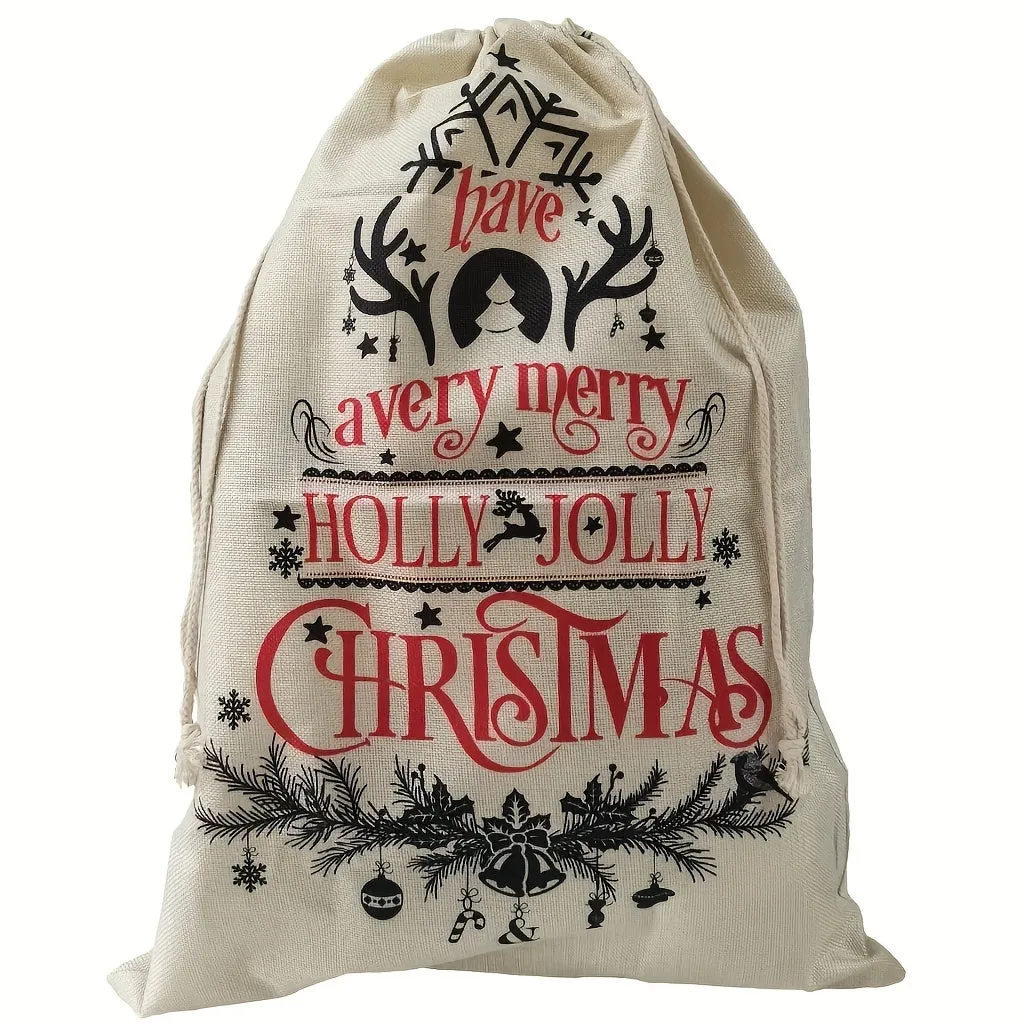 Set of 1-3 Large GKanMore Christmas Stocking Bags, 26x19 Inches, Linen Gift Drawstring Pouches with Jute Rope, Festive Holiday Storage for Candy and Presents