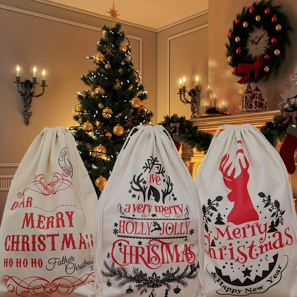 Set of 1-3 Large GKanMore Christmas Stocking Bags, 26x19 Inches, Linen Gift Drawstring Pouches with Jute Rope, Festive Holiday Storage for Candy and Presents