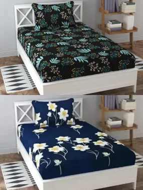 Soniasaa Combo Pack of 2 Single Bedsheet with 2 Pillow Covers 256 TC Soft Brushed Cotton-Blend -Long Lasting & Wrinkle Free Bedsheet for Single Bed Combo Pack Multicolor