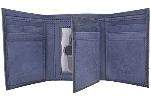 Trifold Wallet with RFID For Men Genuine Leather Men's Casual & Professional Navy Blue Wallets