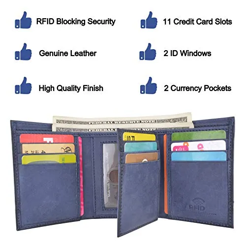 Trifold Wallet with RFID For Men Genuine Leather Men's Casual & Professional Navy Blue Wallets