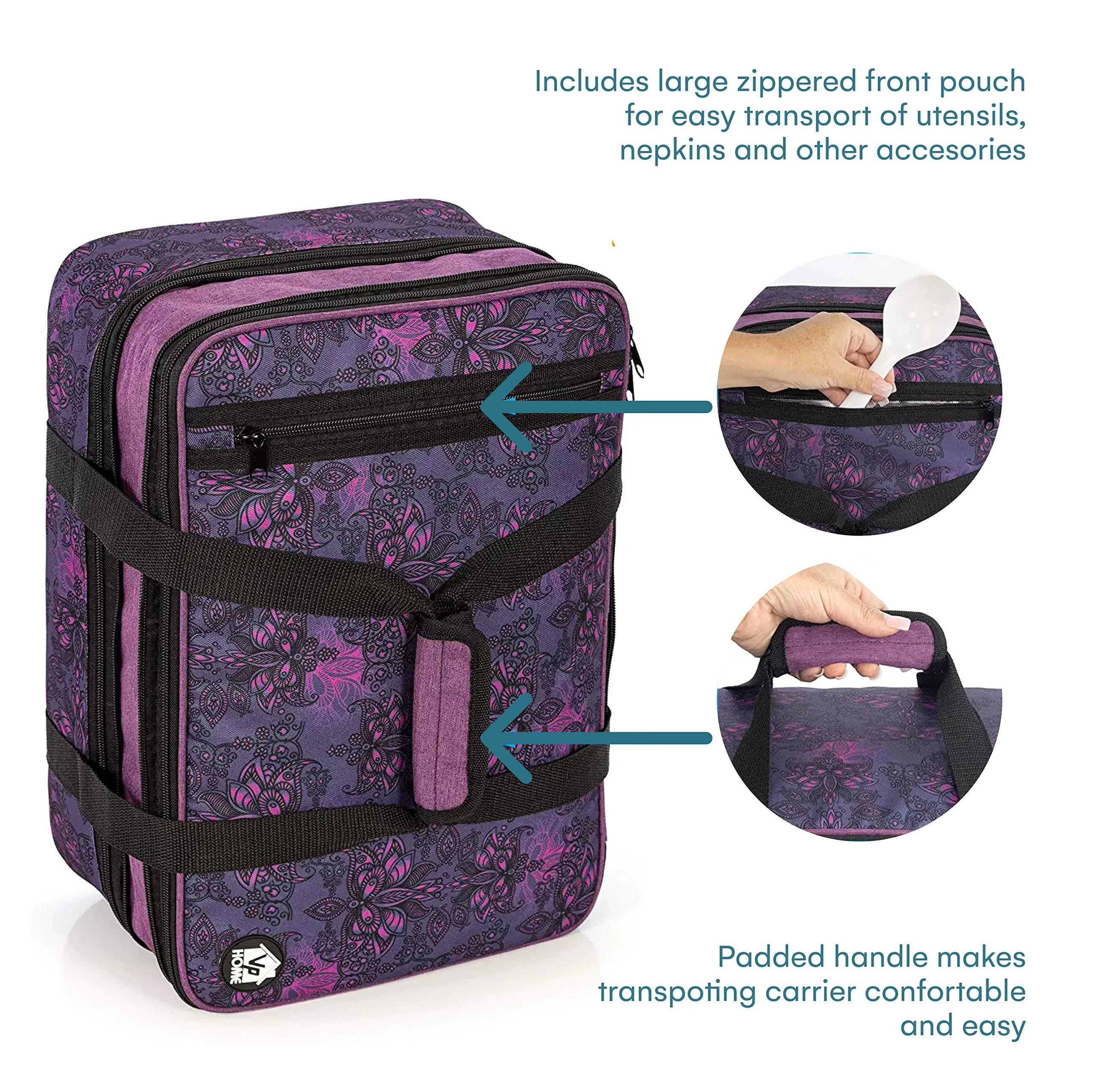 Vp Home Double Casserole Insulated Travel Carry Bag (Black And White Flower)