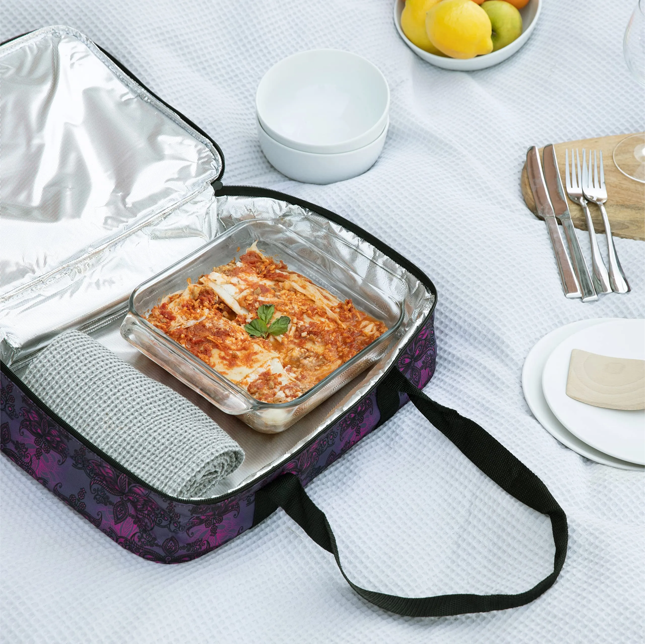 Vp Home Double Casserole Insulated Travel Carry Bag (Black And White Flower)