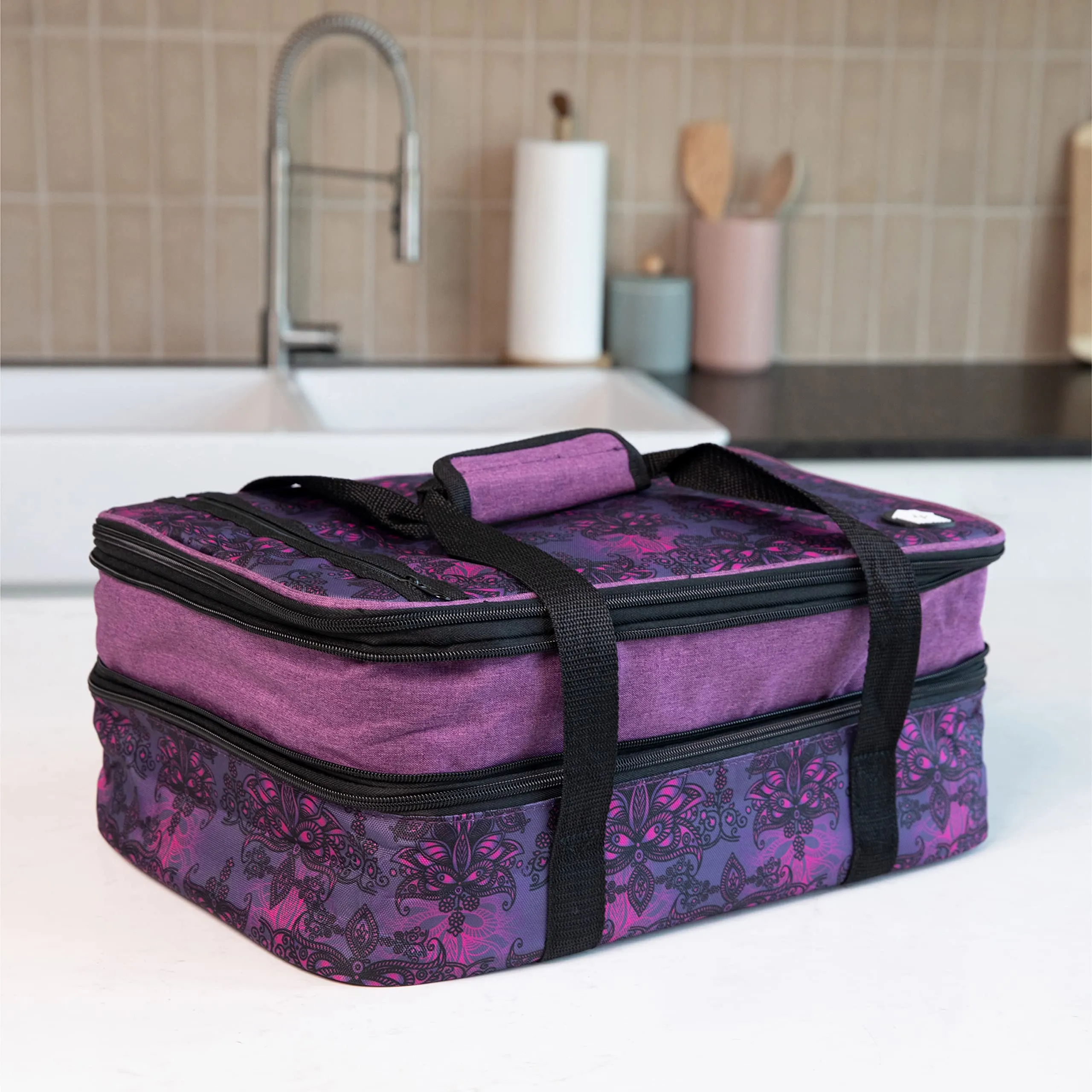 Vp Home Double Casserole Insulated Travel Carry Bag (Black And White Flower)